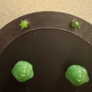 2 Pair Jade Studs Ball Carved Rose 18k GP And 14k GF
